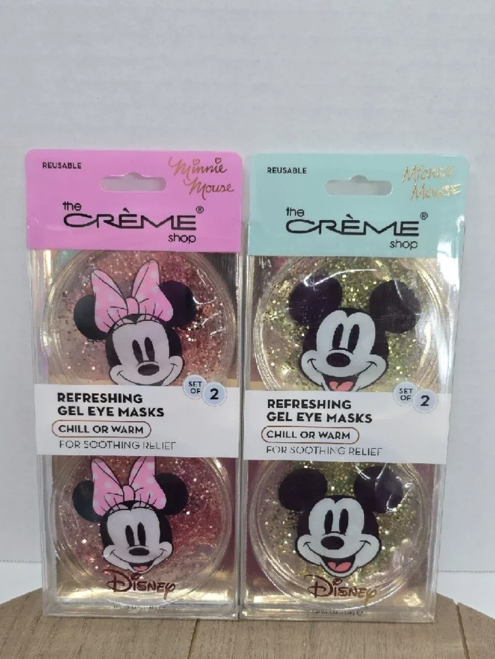 Disney Minnie & Mickey Glitter Gel Hot Or Cold Eye Masks Pink & Gold NWT